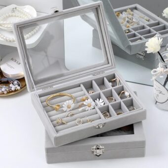 Mistico Velvet Carrying Case with Glass Cover Jewelry Ring Display Box Tray Holder Storage Box Organizer Earrings Bracelet Showcase