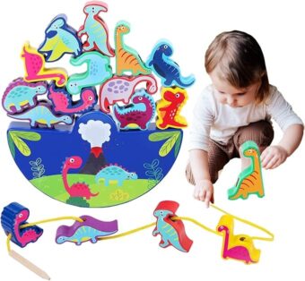 Dinosaur Toy from 3 Years Wooden Toy Stacking Game Wooden Balancing Stacking Stones Game 3D Montessori Threading Game Wooden Toy Motor Skills Toy Learning Toy Gifts for Children - Image 5