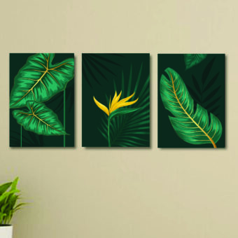 Set of 3 GREEN Flowers Wall Art Wooden Frames for Home Decoration / Sticky Photo Tiles