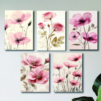set of 5 pink flowers floral wall art wooden sticky frames for girls room home decoration / sticky phototiles