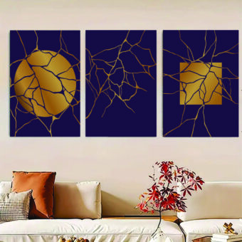 Set Of 3, Abstract golden moon Wall Art Photo Canvas Wooden Tile Frame
