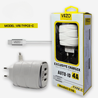 Vizo V16-Type-C – 4A Smart Fast Charger (3 USB Ports + Built-in Type-C Cable) | Best Quality Type-C Charger For Android - Mobile Phone Charger - Android Charger