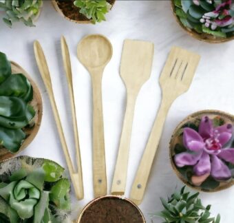 Pack of 4 – Wooden Spoon Set | Nonstick Teak Wood Kitchen Utensils for Cooking & Serving