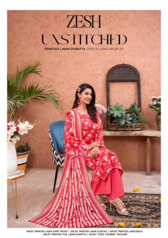 ✨ ZESH   ✨ 3 PieceUnstitched Suit ZESH SUMMAER LAWN COLLECTION 2025