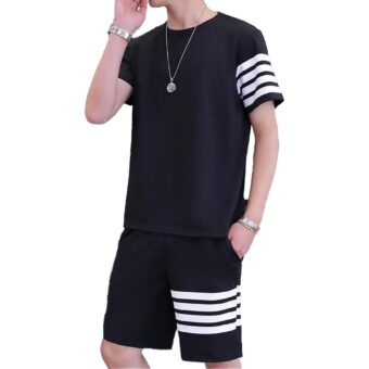Black Color Trendy LINE Printed Tracksuit for Men | Cotton T-Shirt & Shorts | Summer Casual Wear | Gym & Elegant Suit - Image 4