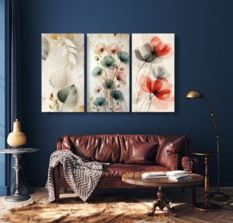 Set Of 3 Flowers Art Wooden Frames For Wall Decoration / Sticky Photo Tiles