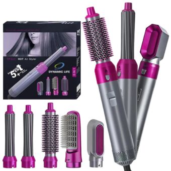 5 in 1 Electric Hair Dryer Brush | Blow Dryer Hair Comb Curling Wand Detachable Brush Kit Negative Ion Straightener Hair Curler ( Random Color)