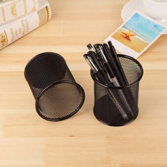 Metal Mesh Pen Stand & Stationery Holder – Round Black Desk Organizer for Pens, Pencils, Markers, and Office Supplies - Image 3