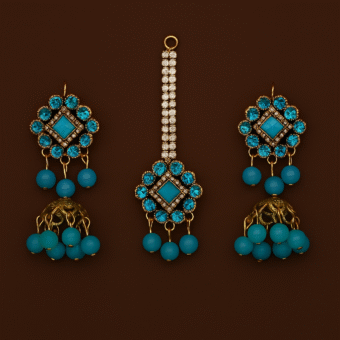 Artificial Jhumkay & Bindya Set with Blue Stones – Ethnic Jewelry for Women | Traditional Jhumke Set For Women | Jhumkay Set |Artificial Jewelry for Women - Image 2