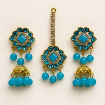 Artificial Jhumkay & Bindya Set with Blue Stones – Ethnic Jewelry for Women | Traditional Jhumke Set For Women | Jhumkay Set |Artificial Jewelry for Women