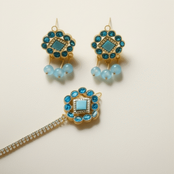 Artificial Jhumkay & Bindya Set with Blue Stones – Ethnic Jewelry for Women | Traditional Jhumke Set For Women | Jhumkay Set |Artificial Jewelry for Women - Image 4