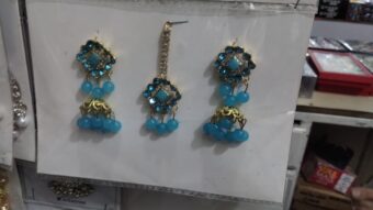 Artificial Jhumkay & Bindya Set with Blue Stones – Ethnic Jewelry for Women | Traditional Jhumke Set For Women | Jhumkay Set |Artificial Jewelry for Women - Image 6