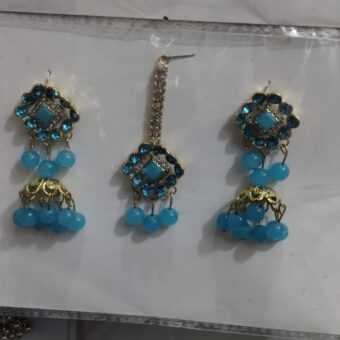 Artificial Jhumkay & Bindya Set with Blue Stones – Ethnic Jewelry for Women | Traditional Jhumke Set For Women | Jhumkay Set |Artificial Jewelry for Women - Image 3