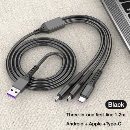 3-in-1 Metal Fast Charging Cable – Micro USB, Type-C & iPhone | Original Copper | Multi-Color Options (Random color)