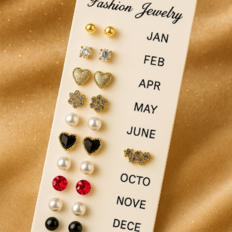 12 Pair Mixed Style Stud Earrings Set for Women – Golden Copper with Micro-Paved Cubic Zirconia – Trendy Fashion Jewelry