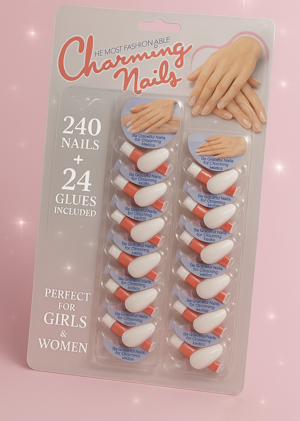 Pack of 24 Charming Artificial Nails with Glue – 240 Nails & 24 Glues Total, Beautiful Nail Extensions for Girls & Women (Random color) - Image 2