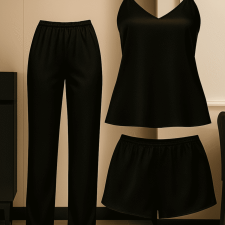  3-Piece Satin Sleepwear Set for Women | Camisole with Pajama & Shorts Combo | Free Size 28–38 | Available in Maroon, Black & Blue (DC-3005)
