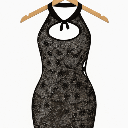 Sheer Glitter Halter Mini Dress – Keyhole Front, Open Back, Body Stocking Style (Black, Free Size)