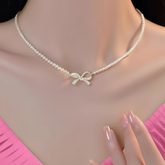 PQT-992 - Bow Shape Pearl Pendant Necklace for Women – Dainty Jewelry with Sparkling Bow Design | Available in Silver & Golden Finish | Perfect Gift for Weddings, Parties & Everyday Glamour