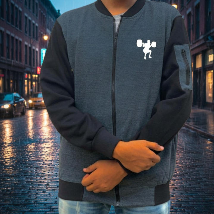 New Winter Collection Charcoal Grey Gym Printed Zipper Jacket for Men & Boys – French Fleece, Premium Quality, Stylish & Comfortable Winter Wear - Image 2