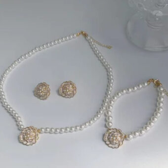 Elegant Flower Design Pearl Stone Set  / Necklace/ Earrings /Braclet   For Women Jewelry