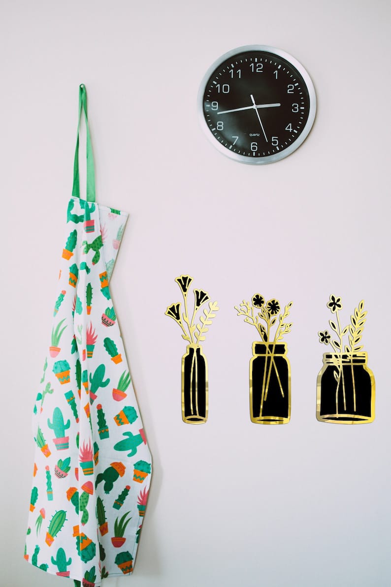 Set of 3 Modern Floral Vase Wall Decor - Golden & Silver Acrylic Mirror Finish | Wall Decor