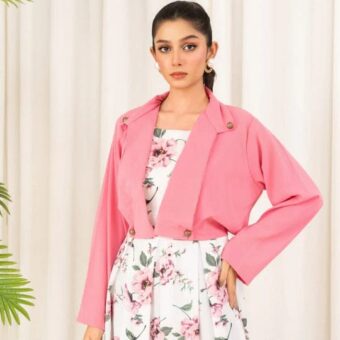 2 pcs Stylish Floral Print Maxi Dress with Pink Jacket - Women's Western Wear -  Floral Maxi