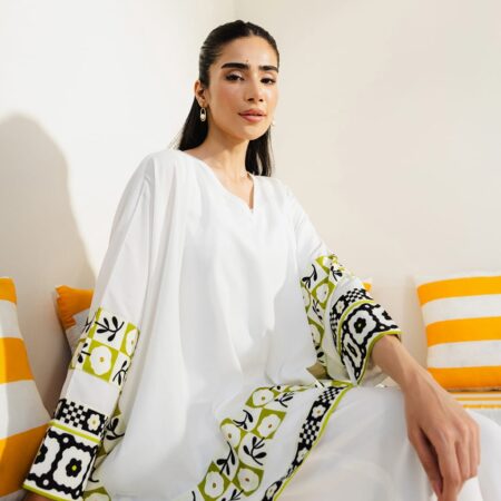 Women's 3-Piece Swiss Lawn Printed Suit – White, Medium Size, Shirt, Trouser & Inner Set, Elegant Summer Outfit - 14 August Special Edition