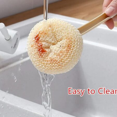 Multipurpose Fiber Cleaning Balls with Long Handle – Reusable Scrubbers for Kitchen & Household Cleaning (1 Handle & 3 Balls)(Random color)