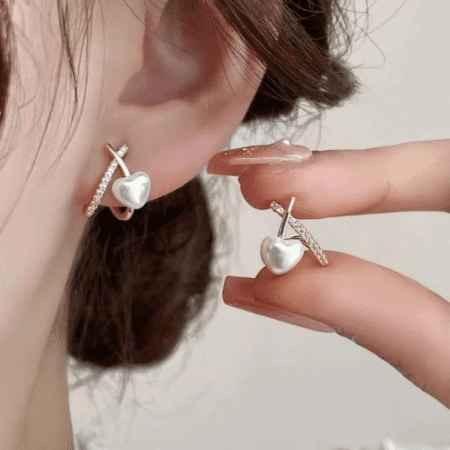 Stylish Minimalist Pearl Heart Earrings – Gold Hoop with Crystal Detailing - Cross Heart Peal Korean Earrings (PJT-993)
