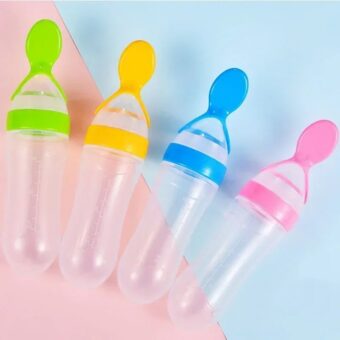 Silicone Baby Spoon Squeezing Feeding Bottle Feeder – Soft, Safe & Easy Baby Food Dispenser (Random color)