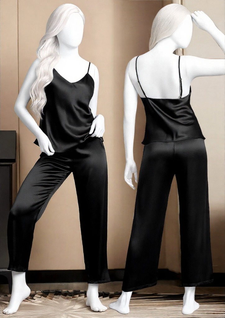 Satin Sleepwear Set – Spaghetti Top & Loose Trouser – Free Size (2002) - Image 2