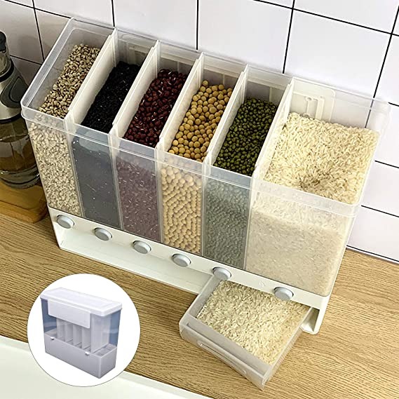 6-in-1 Wall Mounted Food Dispenser – Airtight Dry Food Storage Container for Kitchen | Multi-Section Cereal, Rice & Grain Organizer - Image 3