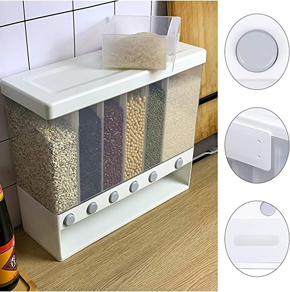 6-in-1 Wall Mounted Food Dispenser – Airtight Dry Food Storage Container for Kitchen | Multi-Section Cereal, Rice & Grain Organizer - Image 4