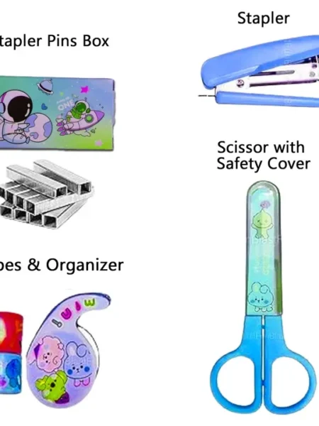 Space-Themed Stationery Set for Students and Office Use – 6-Piece Desk Organizer Kit with Stapler, Staple Pins, Scissors, Mini Washi Tapes, and Tape Dispenser – Creative Back-to-School and Gift Set (Random Color)