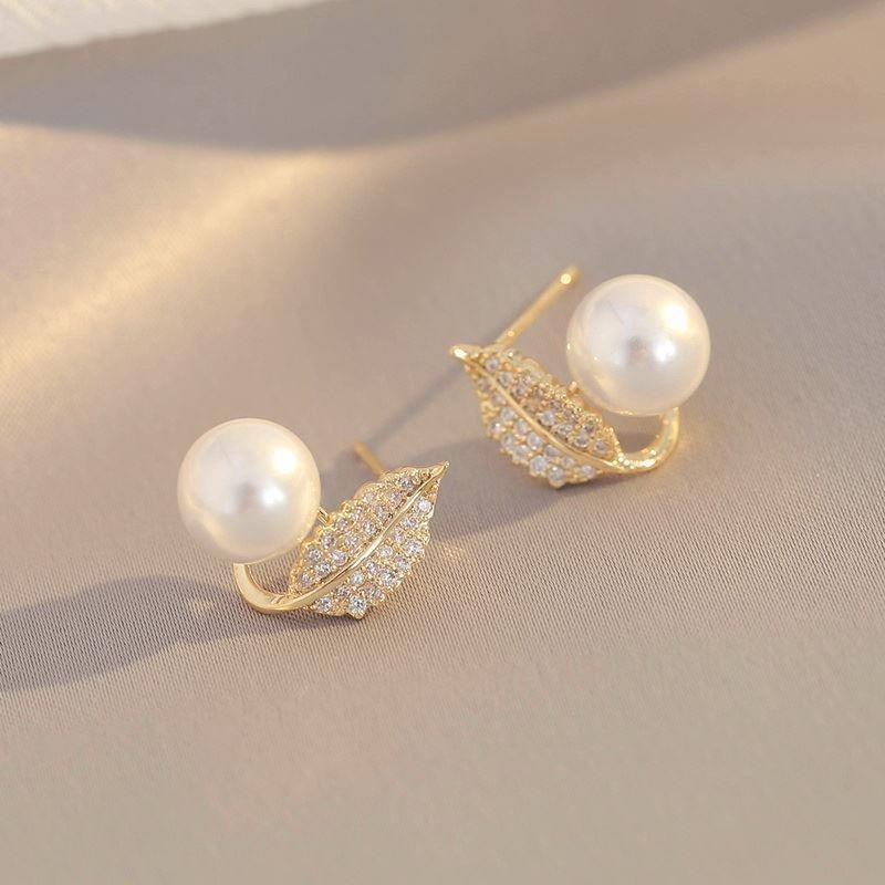 Leaf Pearl Earrings - Classy and Feminine Jewelry for Daily & Party Wear - Studs For Girls And Womens - Image 2