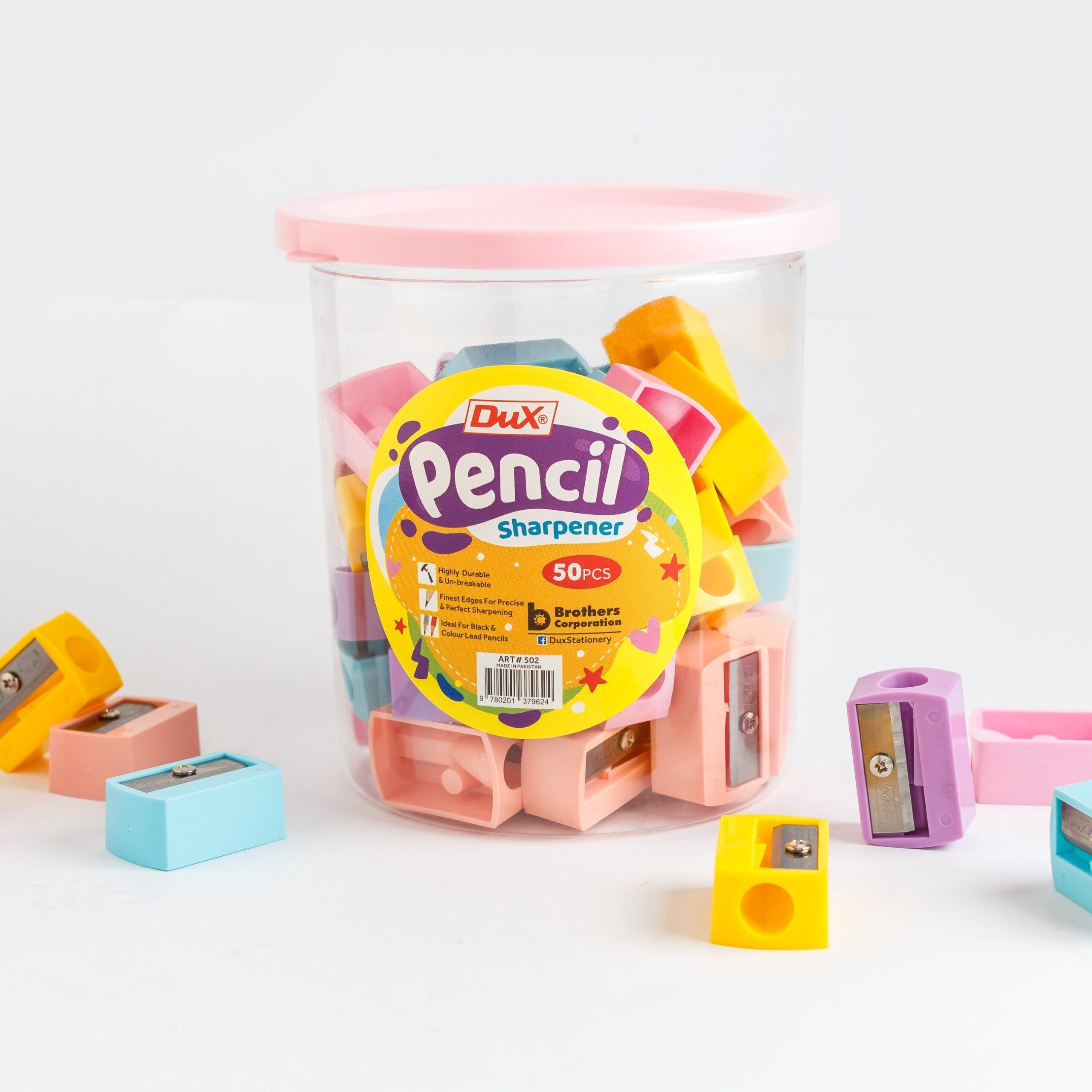 Pack of 50 DUX Plastic Pencil Sharpeners with 8mm Blade, Durable Multicolor Design & Built-in Transparent Shavings Jar – Ideal for School, Office, Art, and Home Use (Multicolor) - Image 5