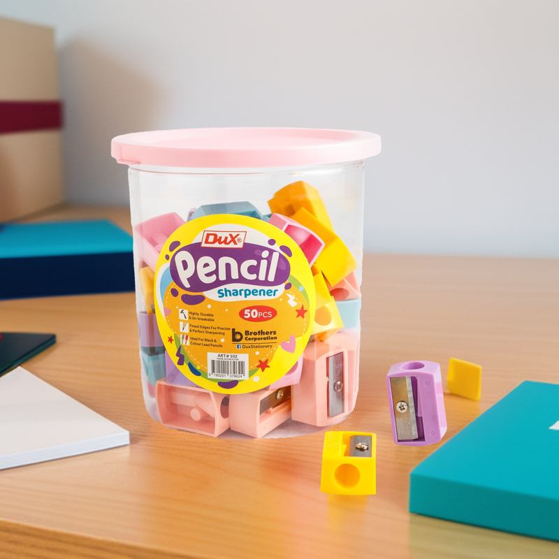Pack of 50 DUX Plastic Pencil Sharpeners with 8mm Blade, Durable Multicolor Design & Built-in Transparent Shavings Jar – Ideal for School, Office, Art, and Home Use (Multicolor) - Image 4