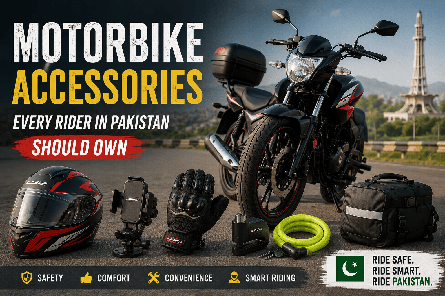 Motorbike accessories every rider in Pakistan should own. Features a motorcycle, helmet, gloves, and locks