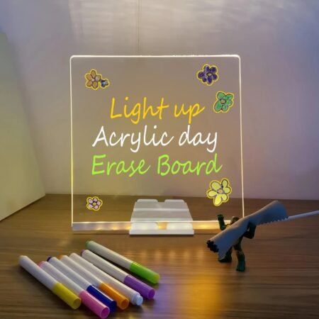 LED Writing Board 15x15cm – Transparent Acrylic Glow Board with 7 Markers & Stand