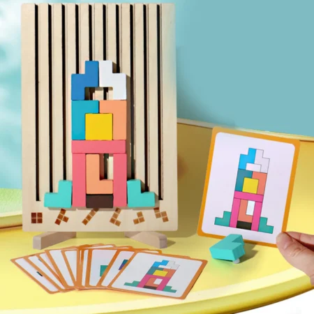 Wooden Tetris Puzzle Game – 3D Colorful Montessori Geometry Blocks for Kids