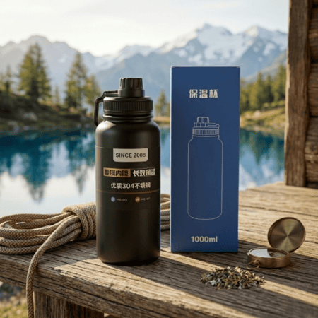 1000ml Vacuum Insulated Water Bottle with Carrying Strap – Matte Black Stainless Steel