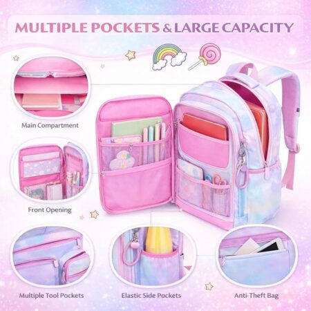 Princess Rainbow School Backpack for Girls – Large Ergonomic Pastel Book Bag