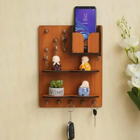 Wooden Wall Key & Phone Holder with Hooks